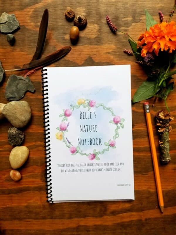 Custom nature journal with circled flower design. Customize font and text in this notebook as a nature journal, diary, sketchbook and more. Room at the bottom edge for a quote or message. Black spiral binding and half letter sized pages.