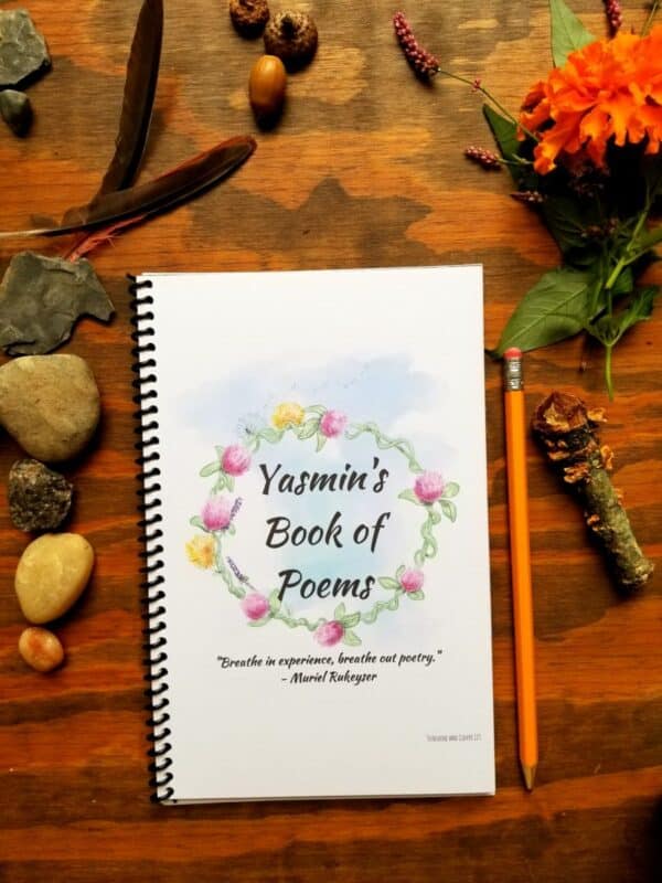 Spiral bound notebook can be used as a book of poems. Room at the bottom for a quote or message if gifting. Hand illustrated flower design includes dandelions, clovers and lavender circled around the title of your choosing.