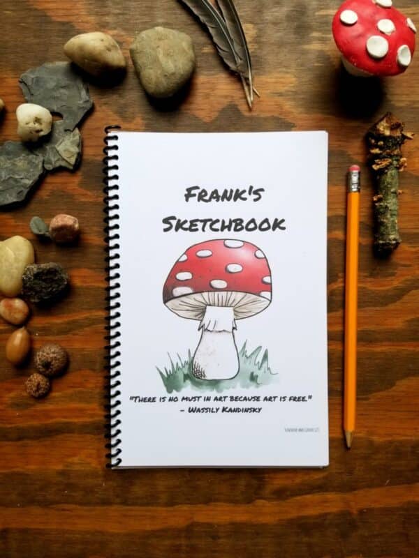 Personalized notebook for journaling, artist sketchbook, diary, or book of poems for example. You can customize notebook font from marker style to print, to cursive style writing. Text can be customized. Hand illustrated red mushroom in grass.