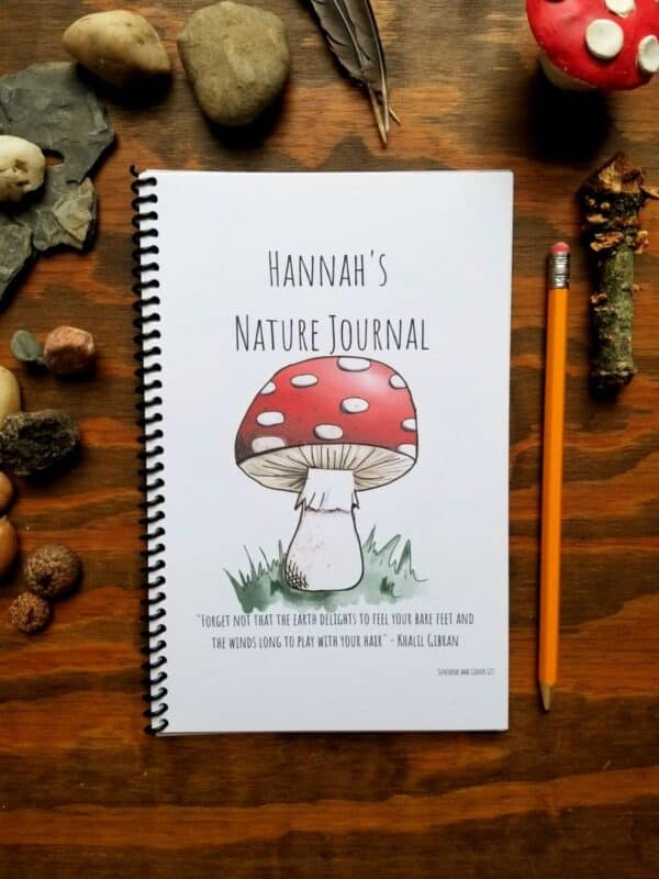 Custom cover nature journal, diary, sketchbook, or book of poems. Comes with hand illustrated red mushroom with white spots set in grass. Includes customization to font, title wording, and a message or quote.