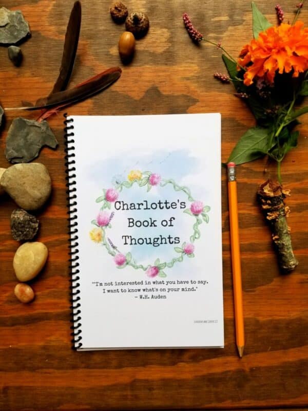 Custom notebook comes with a hand illustrated flower ring or dandelions, clovers and lavender. Customize the name and title as well as a message or quote. Chose from 5 different fonts.
