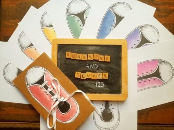 Preschool printables for shoe lace tying practice are hand illustrated by Sunshine and Clover 123.