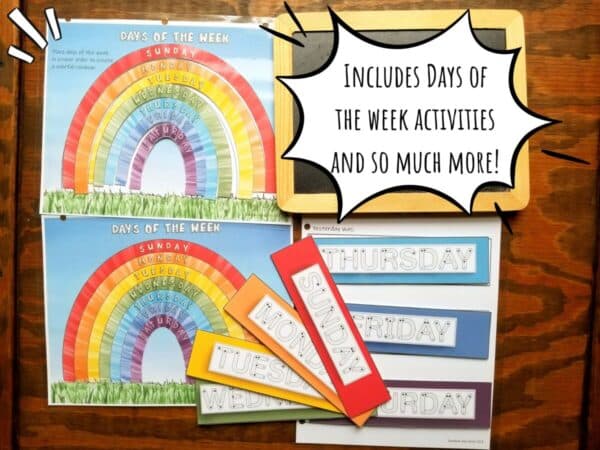 Interactive days of the week printables are included in the preschool curriculum bundle. Rainbow themed and covers the days of the week.