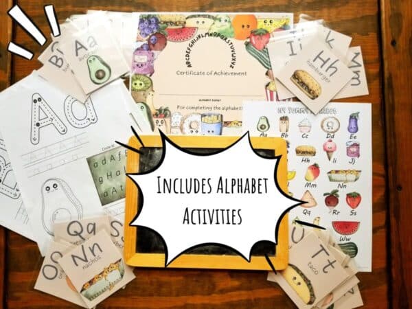 Preschool bundle includes printable alphabet activities. Alphabet activities range from alphabet flash cards, alphabet coloring pages, wall art, and a completion certificate.