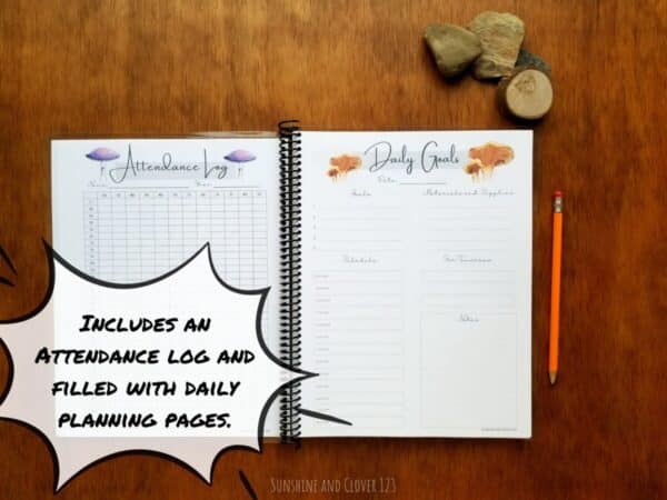Daily homeschool planner includes an attendance log as and then is filled with daily goal setting and planning pages. All pages have a woodland mushroom theme to them.