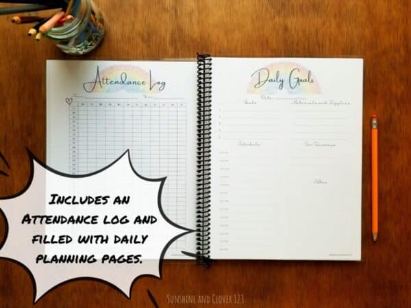 Spiral bound homeschool planner for hourly planning comes in a kawaii style with hand illustrated images of a little smiling taco throughout the daily planning pages. Planner includes an attendance log at the beginning and then is filled with daily planning pages which are broken down into hours with additional sections for top goals, notes, looking forward and any materials or supplies for unit studies.