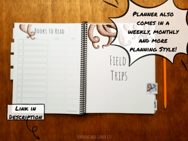 Planner is also available in a monthly, weekly and more format for getting homeschool organized. Homeschool planner comes in matching octopus style.