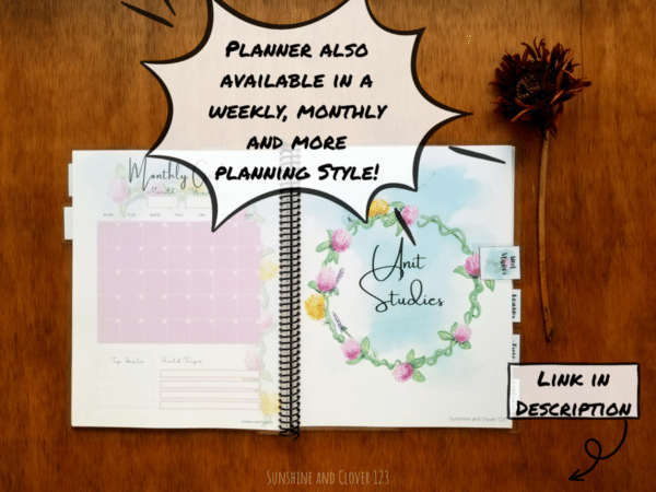 Planner is also available in a monthly, weekly and more format for getting homeschool organized. Available in matching flower style.