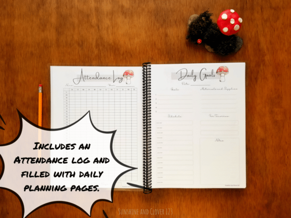 Daily homeschool planner includes an attendance log as well as daily scheduling pages. All pages in this planner have a matching red mushroom theme.