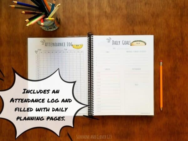 Homeschool planner for hourly planning comes in a kawaii style with hand illustrated images of a little smiling taco throughout the daily planning pages. Planner includes an attendance log at the beginning and then is filled with daily planning pages which are broken down into hours with additional sections for top goals, notes, looking forward and any materials or supplies for unit studies.