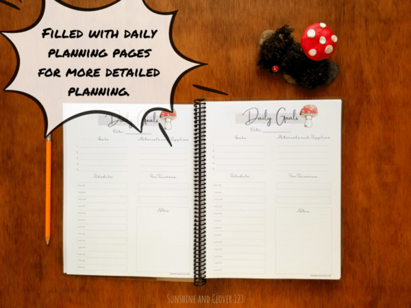 Daily homeschool planner is filled with daily planning pages in matching red mushroom theme. Daily pages are divided into hourly, materials, goals, notes, and for tomorrow.