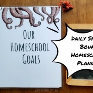 Daily homeschool planner is available in the octopus theme. Cover is titled "Our Homeschool Goals", and contains hand illustrated octopus tentacles.