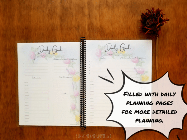 Daily homeschool planner is filled with daily scheduling pages that go down to the hour. Pages are flower themed throughout.