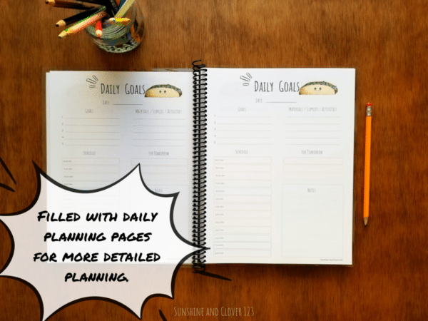 Daily homeschool planner is filled with daily goal setting pages and comes with hand illustrated kawaii style images.