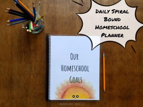 Daily homeschool planner to schedule your days on an hourly basis. This spiral bound homeschool planner has hand illustrated kawaii style drawings throughout and has a little smiling sunshine on the front cover with a title "Our Homeschool Goals."