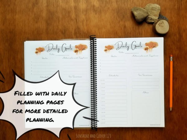 Homeschool planner comes filled with daily planning and scheduling pages. Pages have a matching woodland mushroom theme.