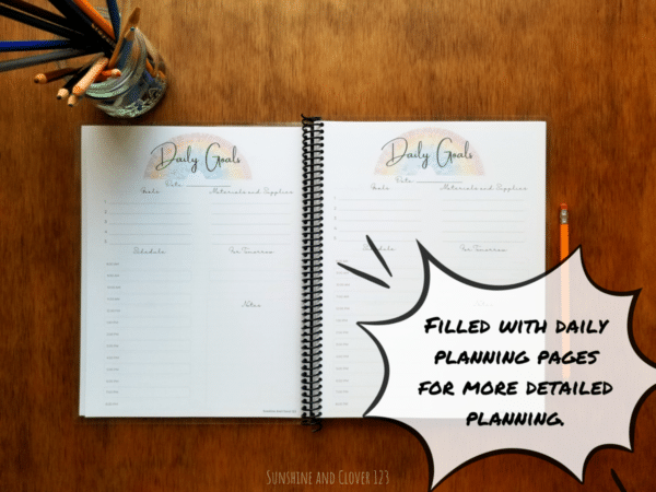 Daily homeschool planner is filled with daily planning pages that go into hourly planning. Pages come in matching rainbow theme.