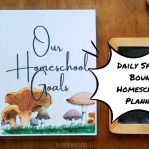 Daily homeschool planner for scheduling down to the hours. Planner is spiral bound and has hand illustrated woodland mushroom designs set in moss on the front cover with title "Our Homeschool Goals."