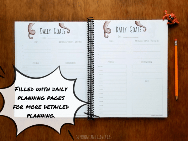 Spiral bound homeschool planner is for daily planning. Daily goal setting pages are broken down into hours, materials, notes, goals, and a section for tomorrow.