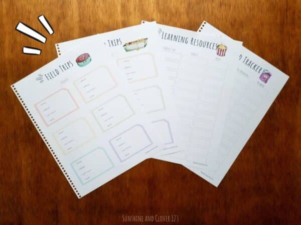 Printable homeschool planner includes a field trip planner, learning resource tracker, and a password tracker. All pages have hand illustrated kawaii images.