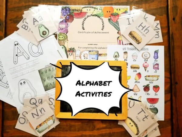 Printable alphabet activities are included in the kindergarten bundle. Alphabet activities range from alphabet flash cards, alphabet coloring pages, wall art, and a completion certificate.