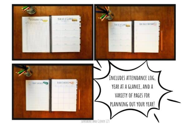 Homeschool planner includes attendance log, year at a glance, loop scheduling, block scheduling, and daily rhythm pages.
