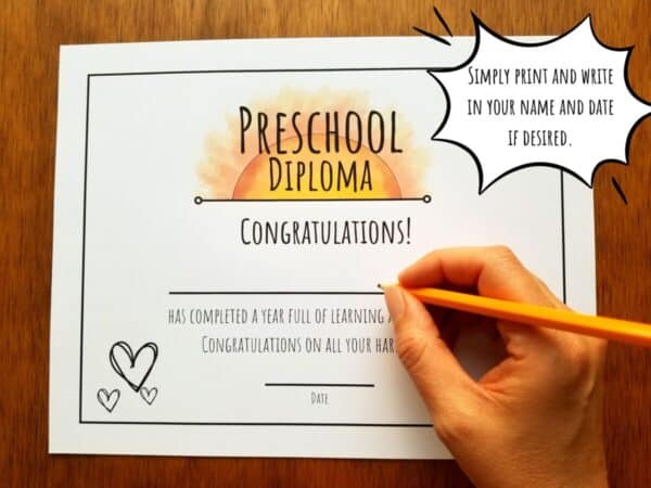 Printable diplomas have space to write in your child's name and the date. There is a hand illustrated sunshine design at the top of the page.