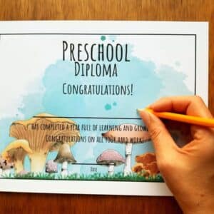 printable diploma comes in hand illustrated mushroom design. There is space to write your child's name and the date.