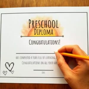 Editable diploma in hand illustrated sunshine theme. Clean white background and room to fill in your child's name and date.