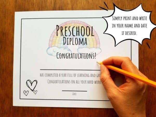 printable diploma for grades preschool through 11th is editable and comes with a rainbow sitting on clouds illustration. There is room to write in the child's name and a spot to fill in the date.