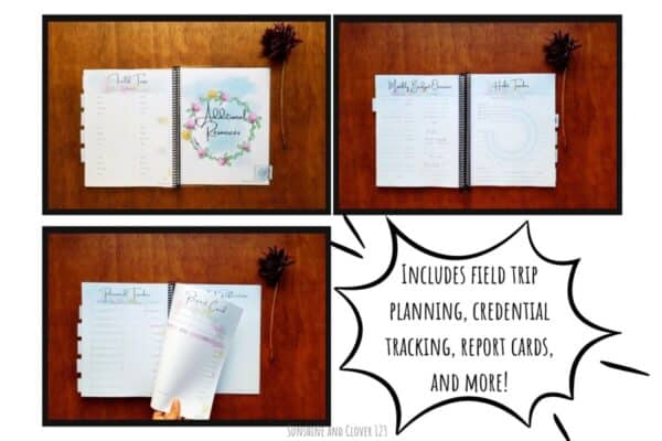 Spiral bound homeschool planner includes a field trip planning section. Monthly budget overview and habit tracking are provided at the end of each month. The additional resources section includes password tracker, report cards, and reflection pages.