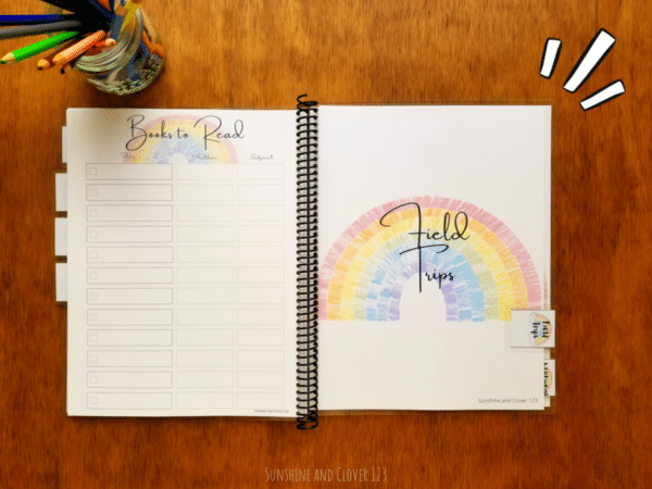 Homeschool planner comes in colorful rainbow theme and includes a field trip planning section and a book log.