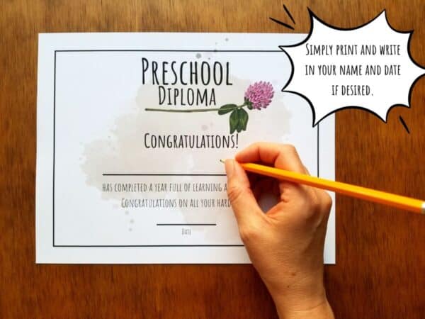 Printable diploma is editable or can be printed right away. This diploma displays a hand illustrated clover design at the top and leaves room to write in the child's name and date.