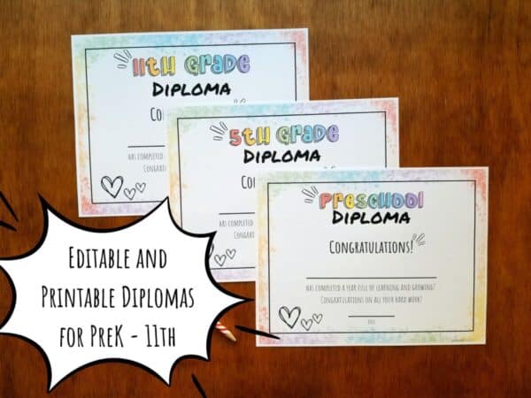 Rainbow themed diploma for homeschoolers can be edited before printed or just printed. Rainbow font and rainbow coloring around the edges. There is room on the diploma to type or write in the child's name and date.