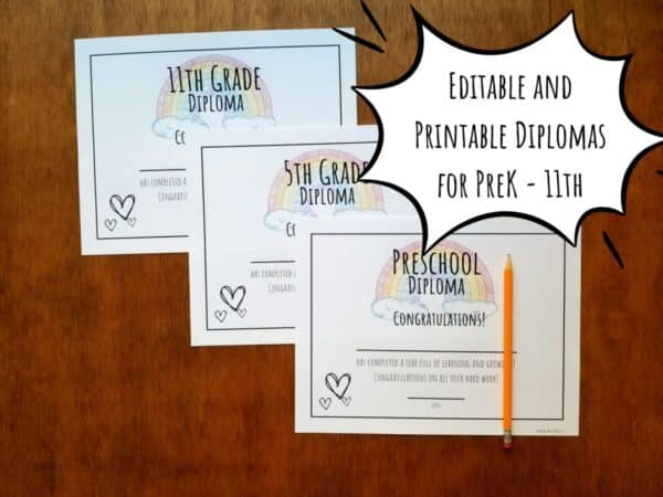 Editable rainbow diplomas for grades preschool through 11th grade. Edit and/print diplomas for immediate use. Diploma has a more clean look with a hand illustrated rainbow and cloud design at the top of the page.