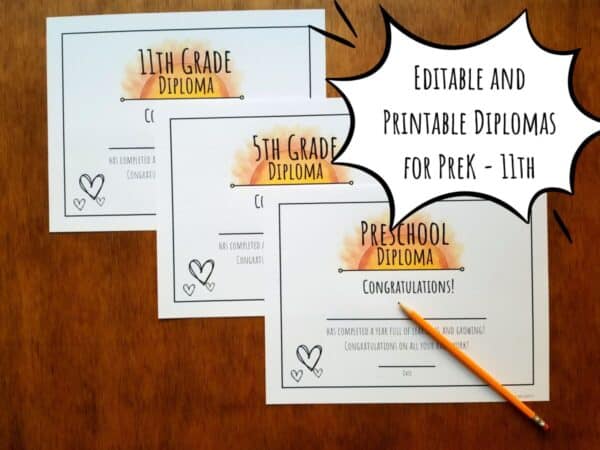 Editable and printable diplomas for preschool through 11th grade in sunshine theme.