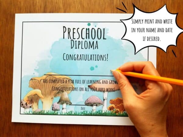 Homeschool diploma that is printable and editable comes in a hand illustrated mushroom design and an aqua blue background.
