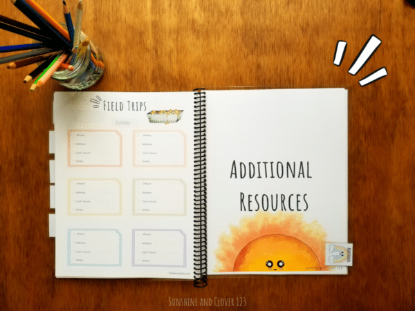 Homeschool planner includes additional resources section as well field trip planning pages. The planner comes with hand illustrated kawaii style drawing throughout with the main image being the smiling sunshine.