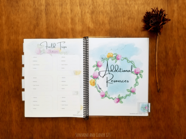 Homeschool planner is spiral bound and includes a field trip planning section and an additional resources section for keeping track of extras such as password tracking, curriculum resources, and report cards.