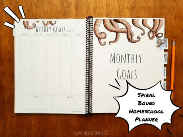 Homeschool planner includes a weekly planning section as well as a monthly planning section. All pages come in a matching octopus theme.