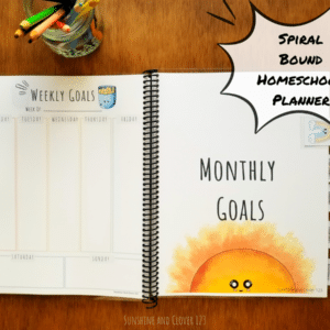 Spiral bound homeschool planner includes weekly and monthly planning pages as well as other pages that are more specific to homeschoolers needs.