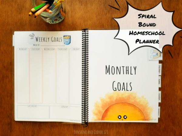 Spiral bound homeschool planner includes weekly and monthly planning pages as well as other pages that are more specific to homeschoolers needs.