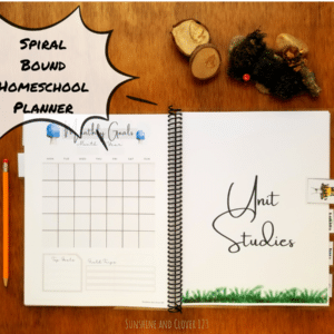 spiral bound homeschool planner includes enough planning pages to last a full year. This picture displays the unit studies planning section as well as the monthly planning pages which are undated.