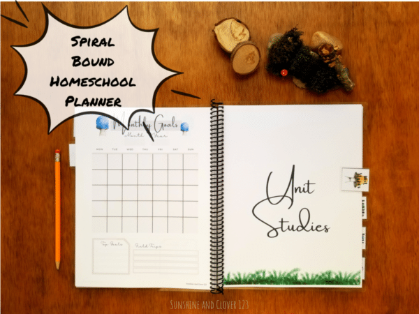 spiral bound homeschool planner includes enough planning pages to last a full year. This picture displays the unit studies planning section as well as the monthly planning pages which are undated.