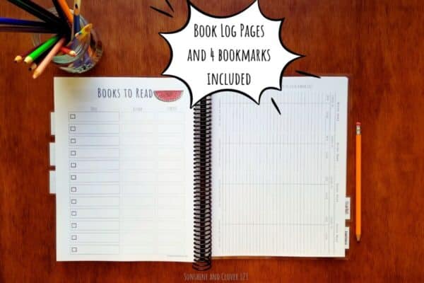 Spiral bound homeschool planner and homeschool organizer includes a book log section where you can track books and check them off as read. 4 bookmarks are provided and can be used as additional book logs.