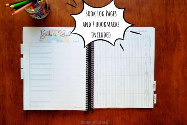 Spiral bound homeschool planner and homeschool organizer includes a book log section where you can track books and check them off as read. 4 bookmarks are provided and can be used as additional book logs.