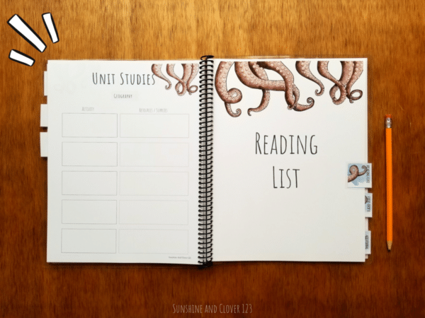 Homeschool planner includes a reading log section as well as unit studies planning pages. Pages in the planner have matching octopus theme to them with octopus tentacles coming down from the page.