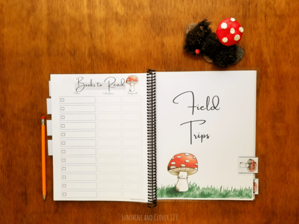 Spiral bound homeschool planner includes a field trip planning section as well as pages to log books read. Homeschool planner comes in a mushroom theme with cute little red mushrooms.