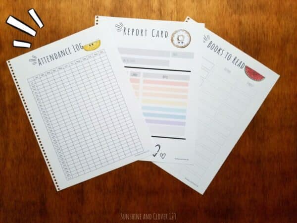 Printable homeschool planner includes an attendance log, report card, and book log.