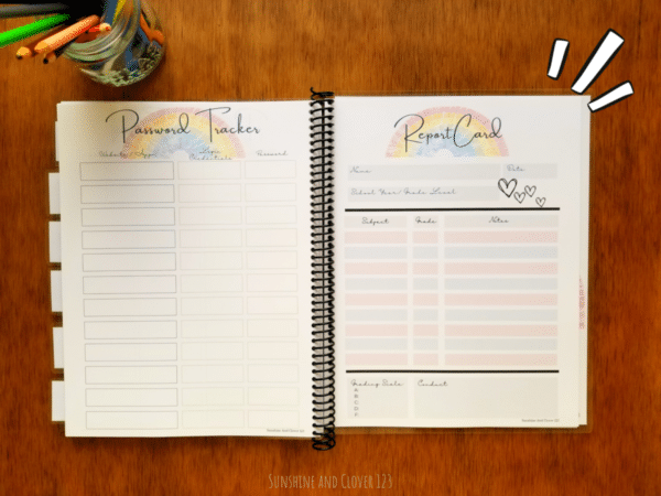 Spiral bound homeschool planner includes a password tracker and report card. The planner comes in a rainbow theme.